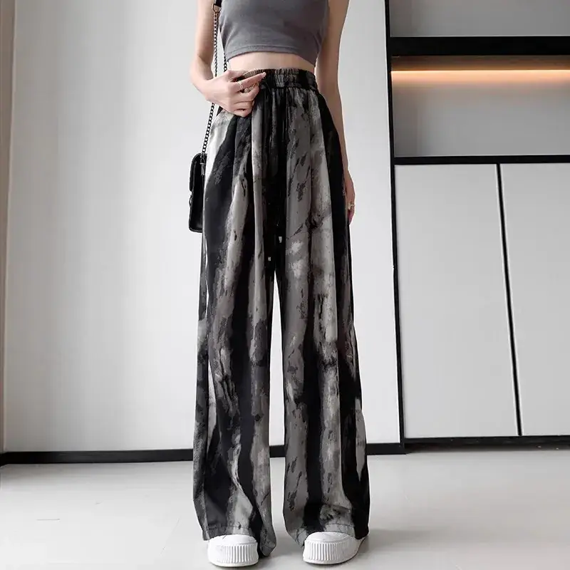 Women Ice Silk Wide Leg Pants Black Star Print High Waist