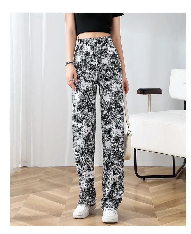 Women Ice Silk Wide Leg Pants Black Star Print High Waist