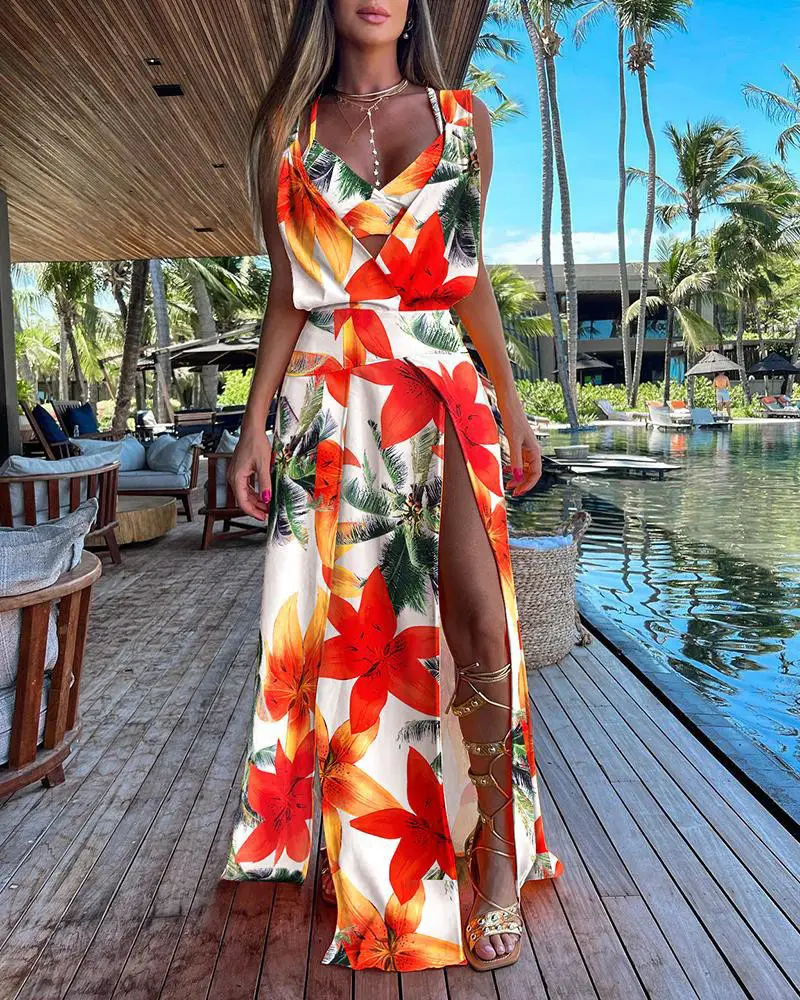 2023 Tropical Print Two-Piece Suit Set Yellow Orange — feature 5
