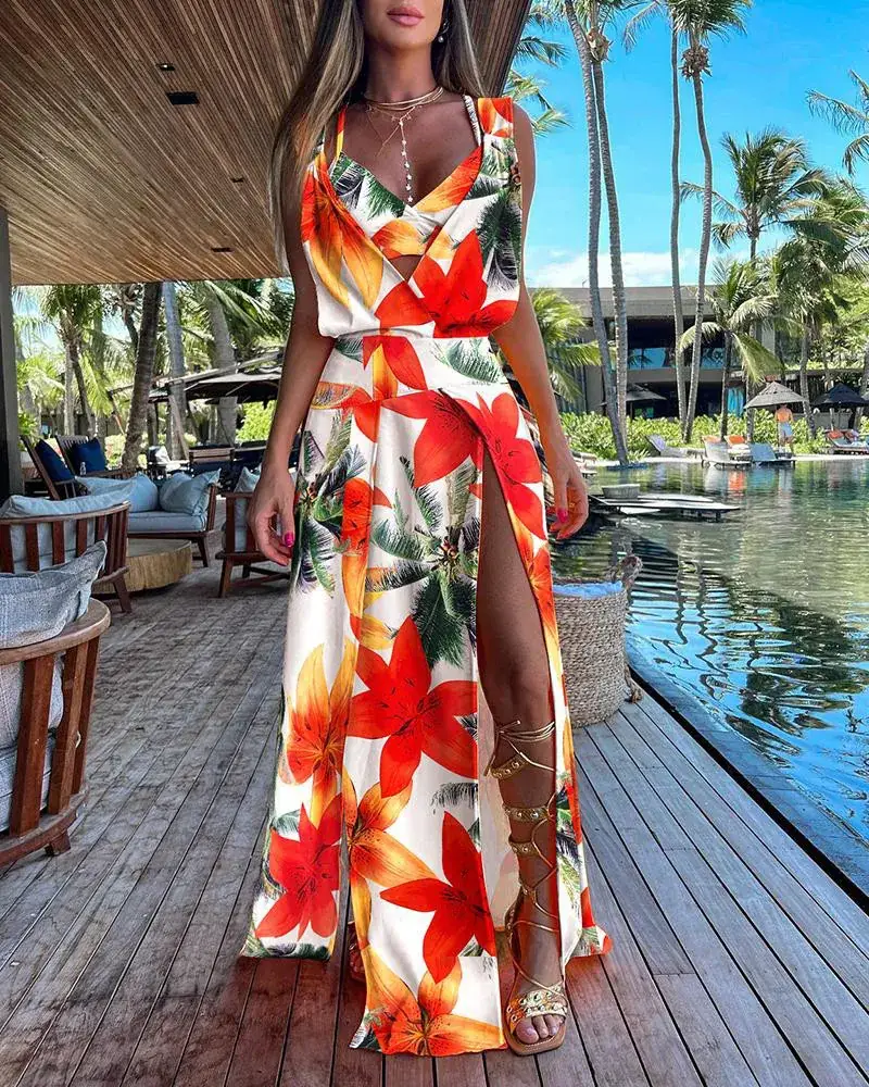 2023 Tropical Print Two-Piece Suit Set Yellow Orange - Image 5
