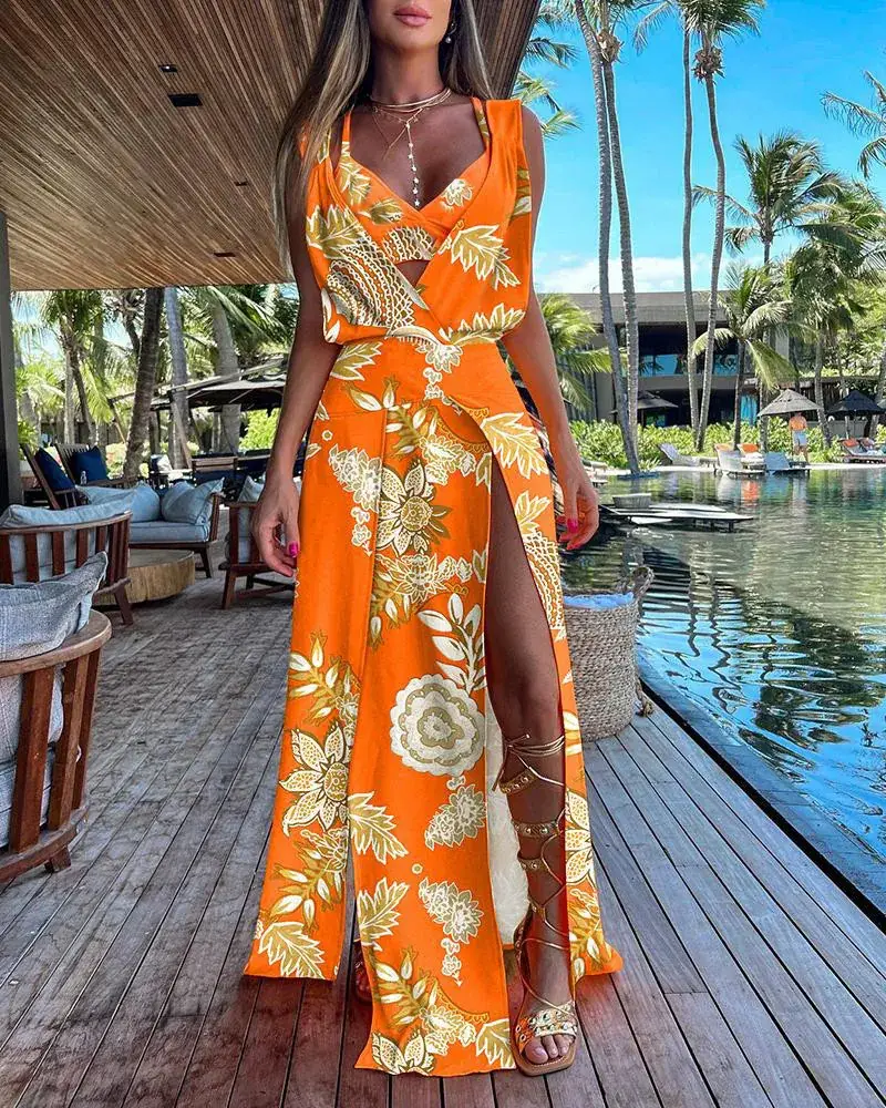 2023 Tropical Print Two-Piece Suit Set Yellow Orange - Image 7
