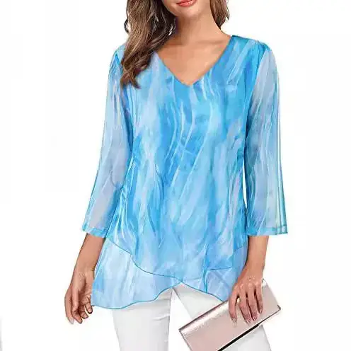 Women's Blue V-Neck Mesh Corset Top 3/4 Sleeve - Image 13