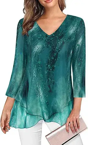Women's Blue V-Neck Mesh Corset Top 3/4 Sleeve — feature 7