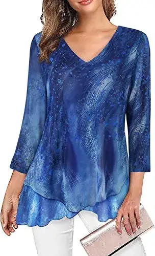 Women's Blue V-Neck Mesh Corset Top 3/4 Sleeve — feature 8