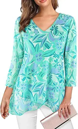 Women's Blue V-Neck Mesh Corset Top 3/4 Sleeve — feature 9
