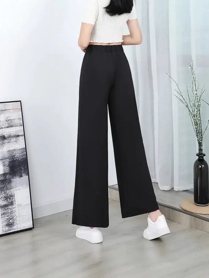 Black Wide Leg Pants with High Waist Elastic Design - Image 3