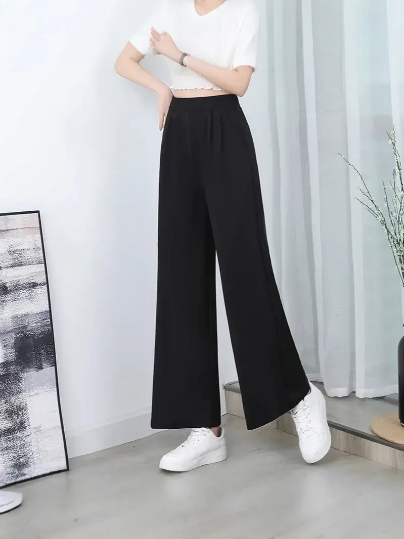 Black Wide Leg Pants with High Waist Elastic Design - Image 4