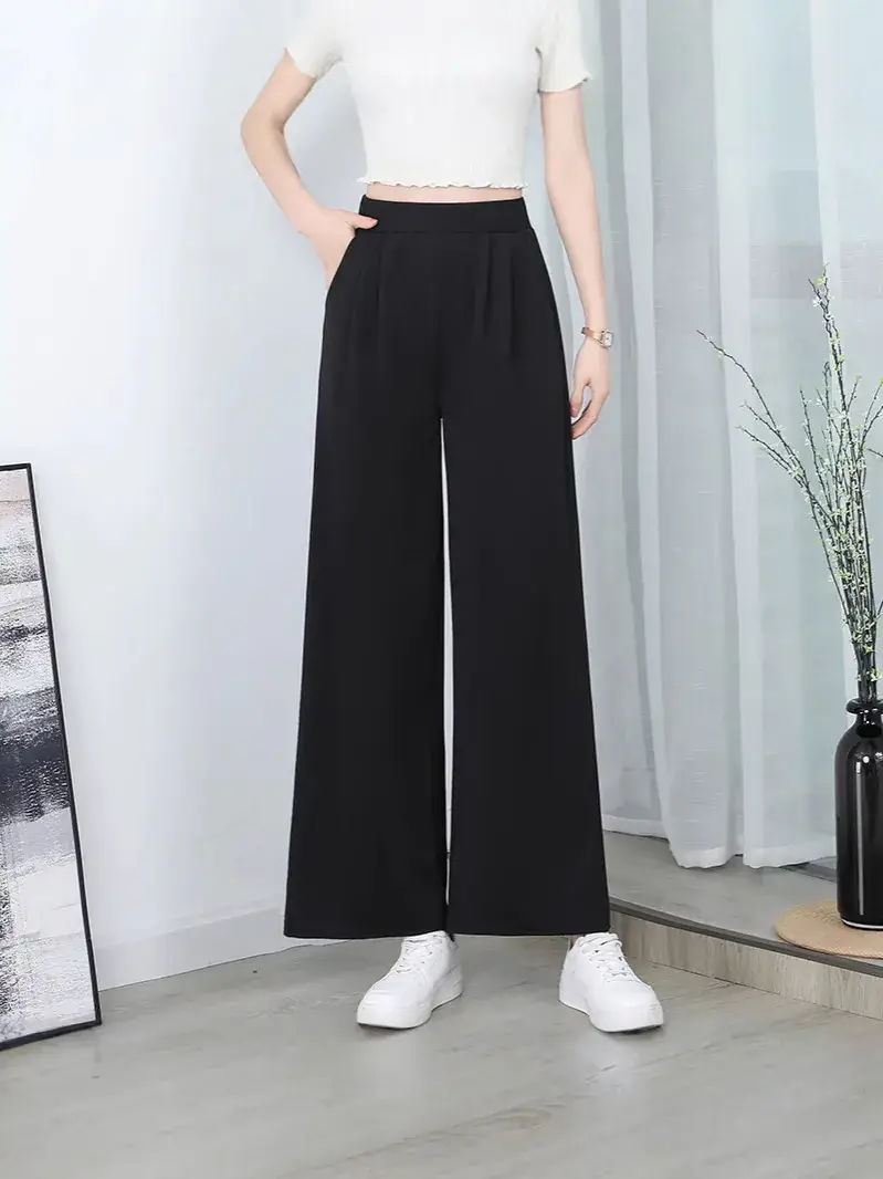 Black Wide Leg Pants with High Waist Elastic Design - Image 5