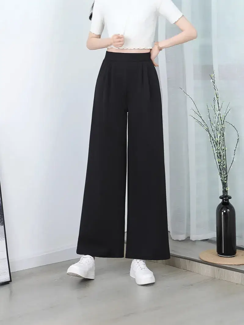Black Wide Leg Pants with High Waist Elastic Design - Image 6