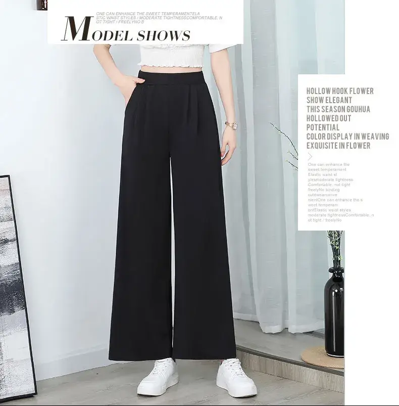 Black Wide Leg Pants with High Waist Elastic Design — feature 10