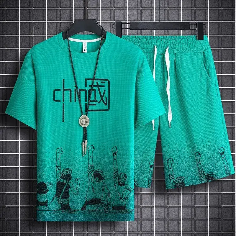Men's Chinese Print Waffle Shorts Set Summer Casual - Image 8