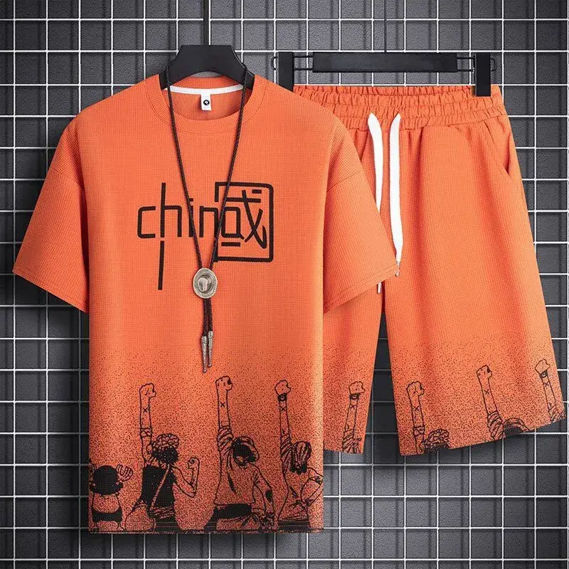 Men's Chinese Print Waffle Shorts Set Summer Casual - Image 9