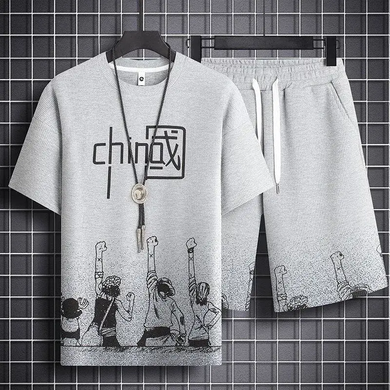 Men's Chinese Print Waffle Shorts Set Summer Casual - Image 10
