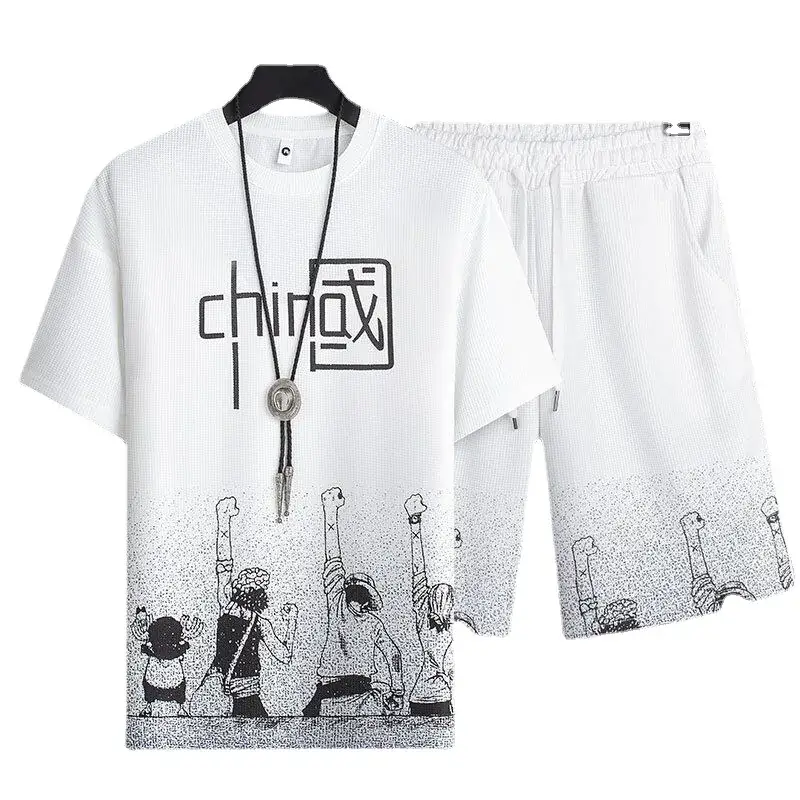 Men's Chinese Print Waffle Shorts Set Summer Casual - Image 11