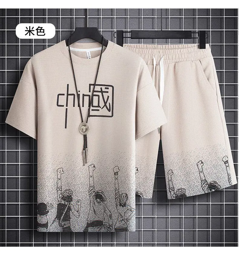 Men's Chinese Print Waffle Shorts Set Summer Casual — feature 10