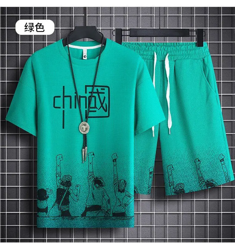 Men's Chinese Print Waffle Shorts Set Summer Casual — feature 11