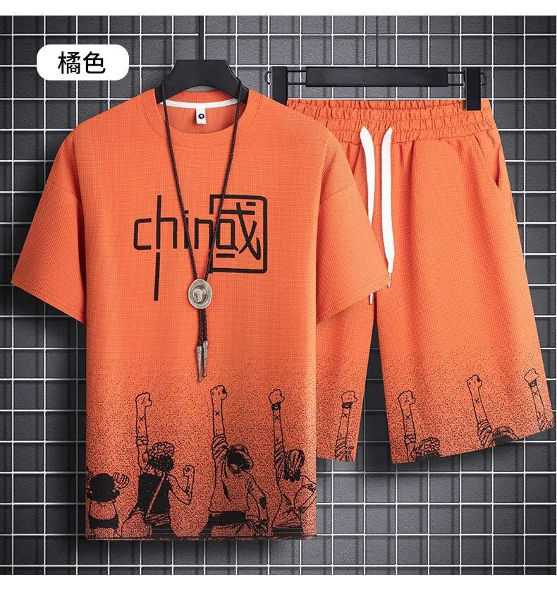 Men's Chinese Print Waffle Shorts Set Summer Casual — feature 12