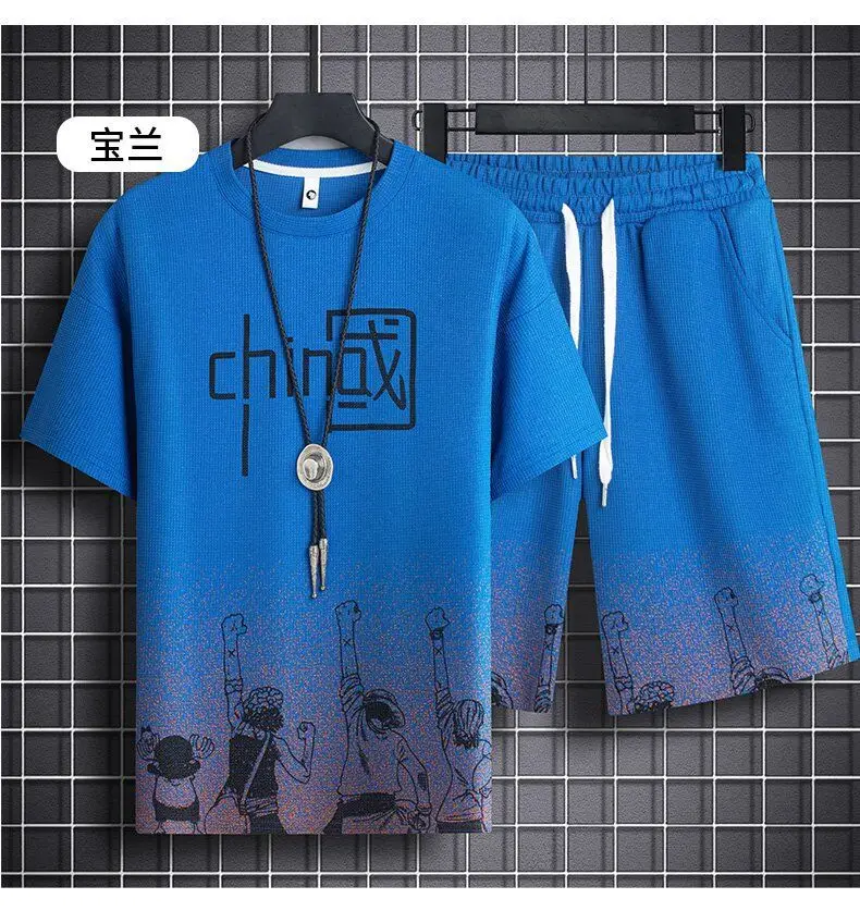 Men's Chinese Print Waffle Shorts Set Summer Casual — feature 13