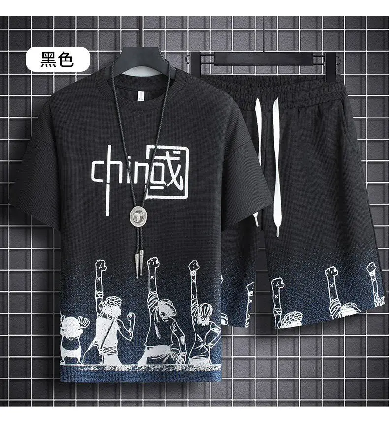 Men's Chinese Print Waffle Shorts Set Summer Casual — feature 14