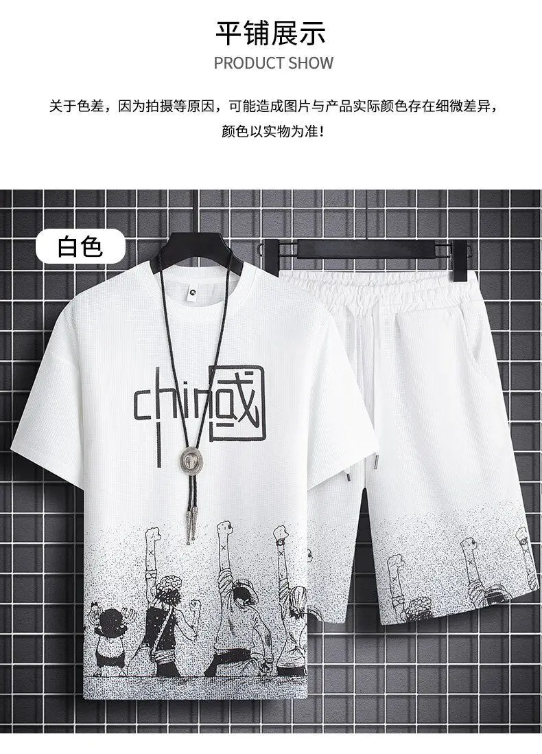 Men's Chinese Print Waffle Shorts Set Summer Casual — feature 8