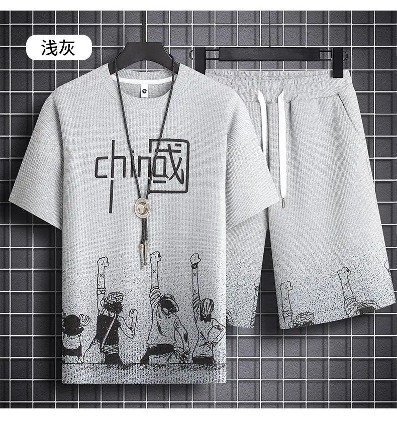 Men's Chinese Print Waffle Shorts Set Summer Casual — feature 9