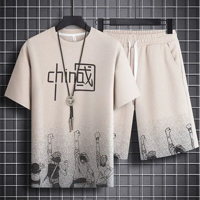 Men's Chinese Print Waffle Shorts Set Summer Casual - Image 2