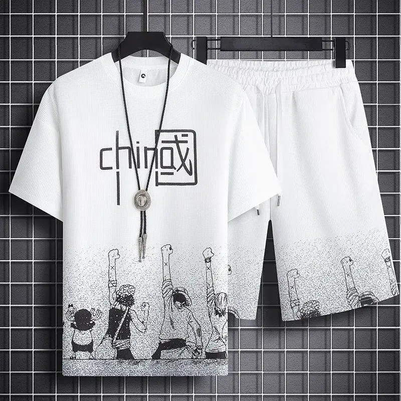 Men's Chinese Print Waffle Shorts Set Summer Casual - Image 3