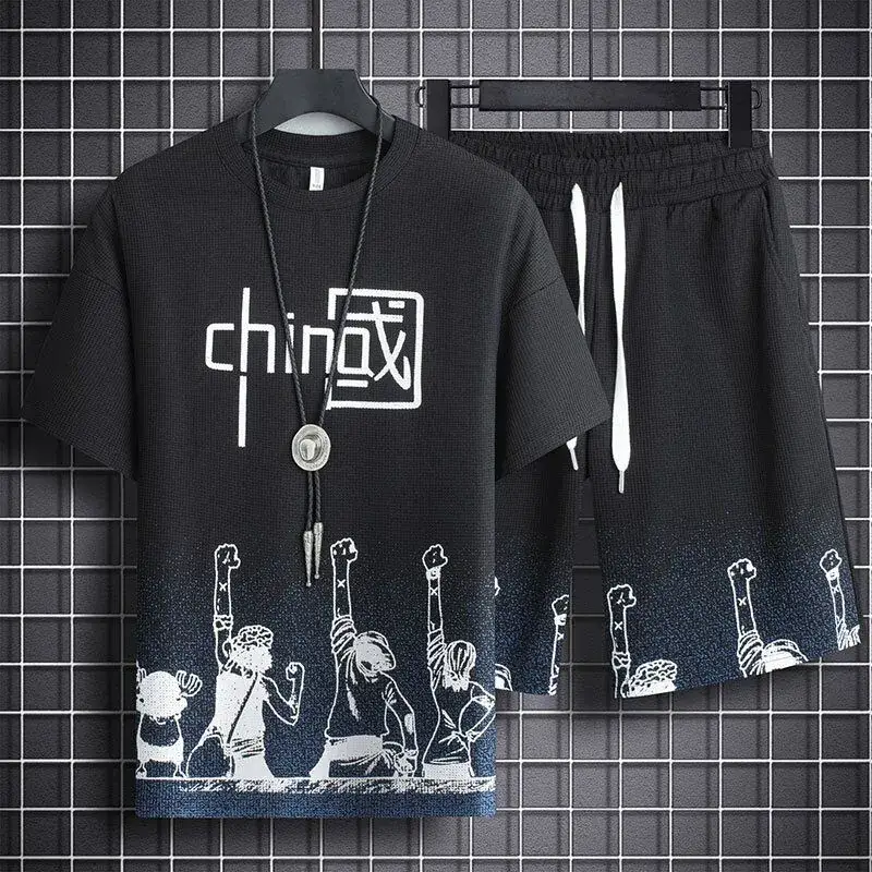 Men's Chinese Print Waffle Shorts Set Summer Casual - Image 5