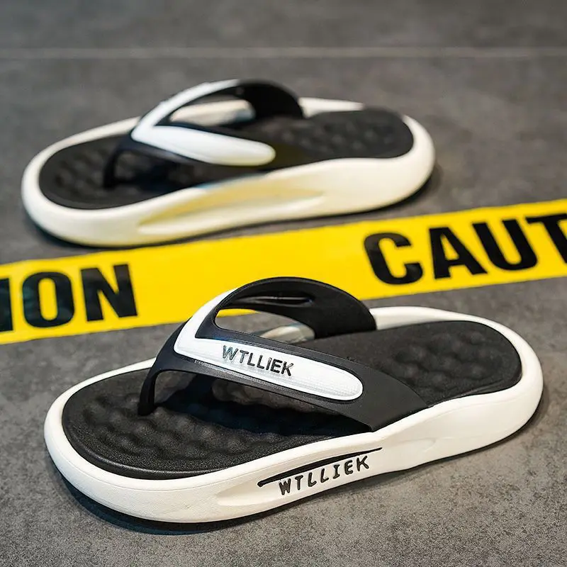 Men's Black White Slip-On Flip Flops with Thick Sole