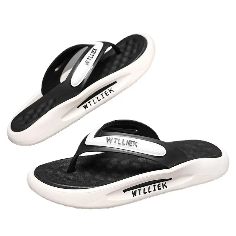 Men's Black White Slip-On Flip Flops with Thick Sole