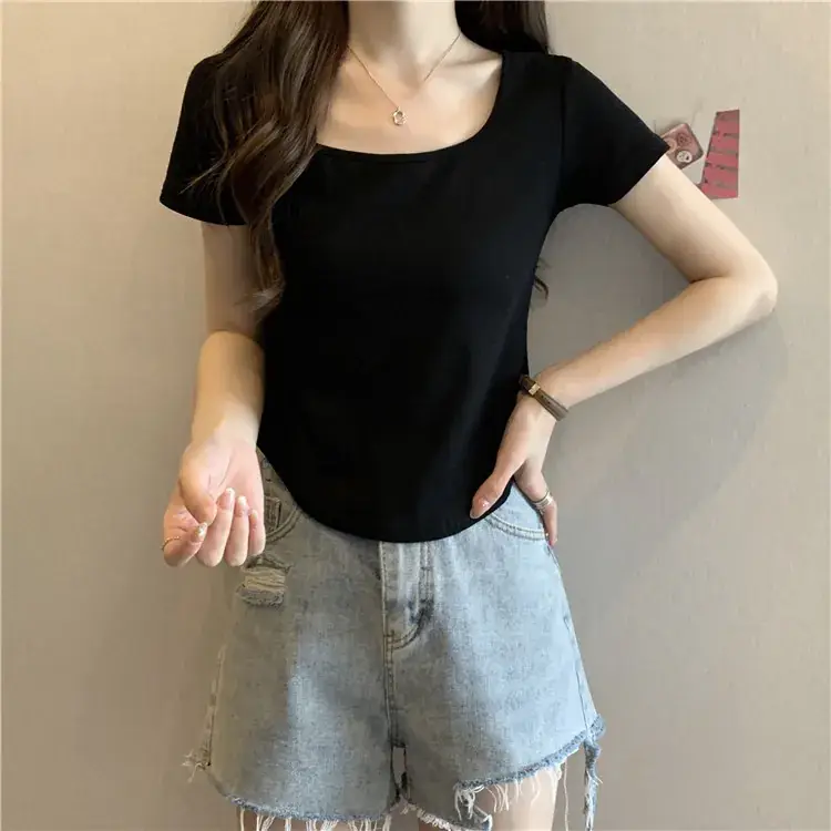 Black French Collar Top Women's 2023 Summer T-Shirt — feature 7