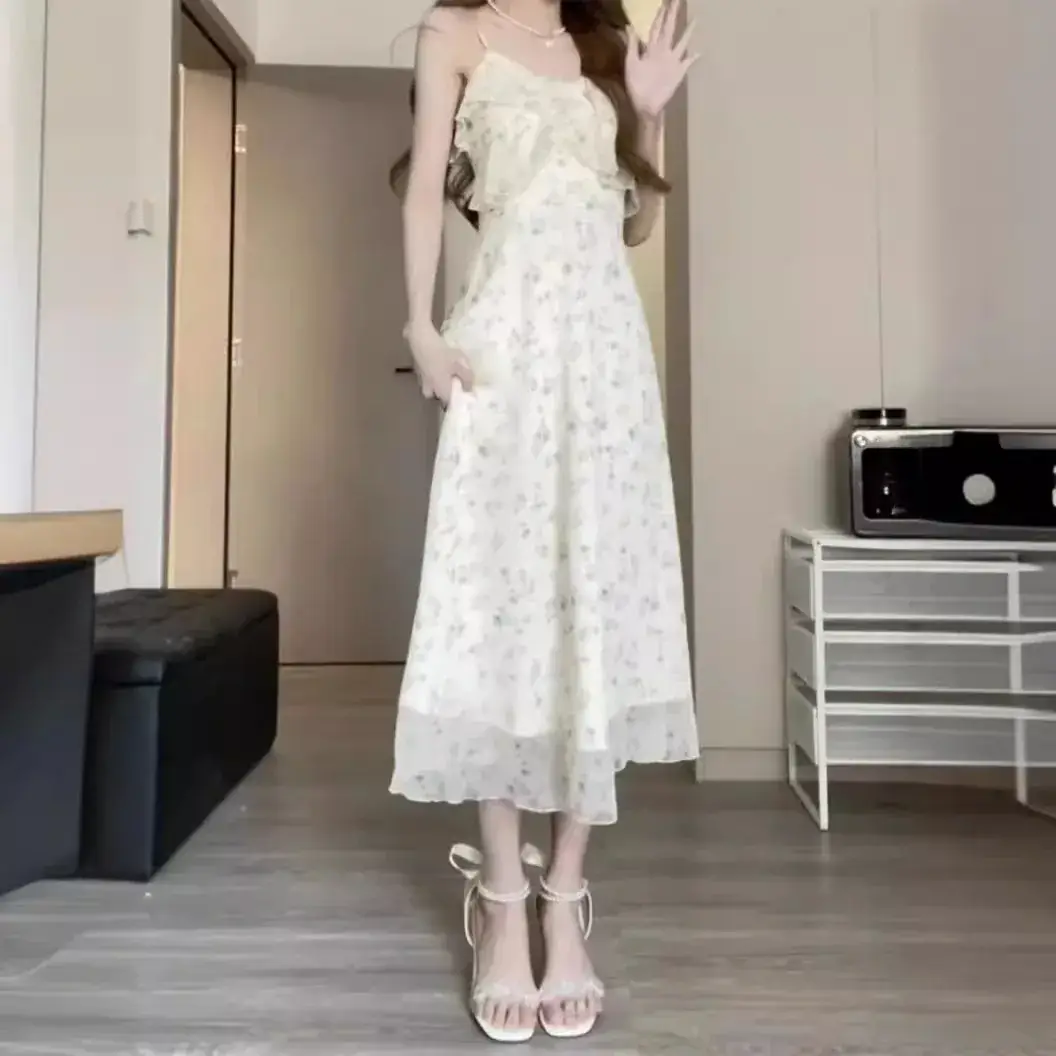 Gentle Floral Halter Dress White French Retro Slim Fit - Image 2