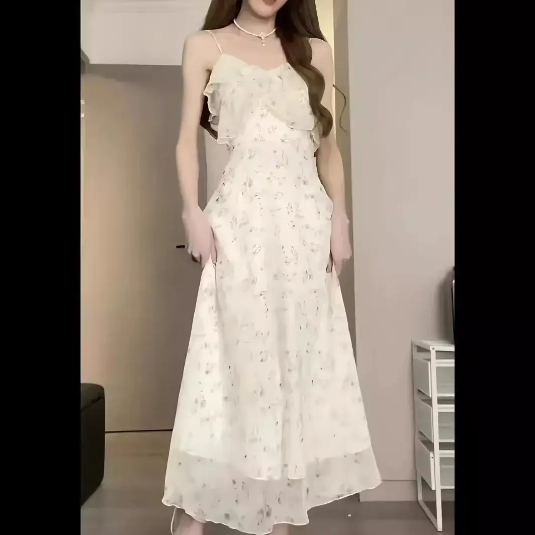 Gentle Floral Halter Dress White French Retro Slim Fit - Image 3