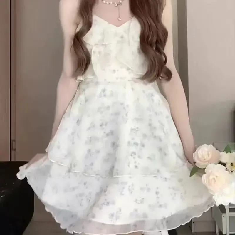 Gentle Floral Halter Dress White French Retro Slim Fit - Image 4
