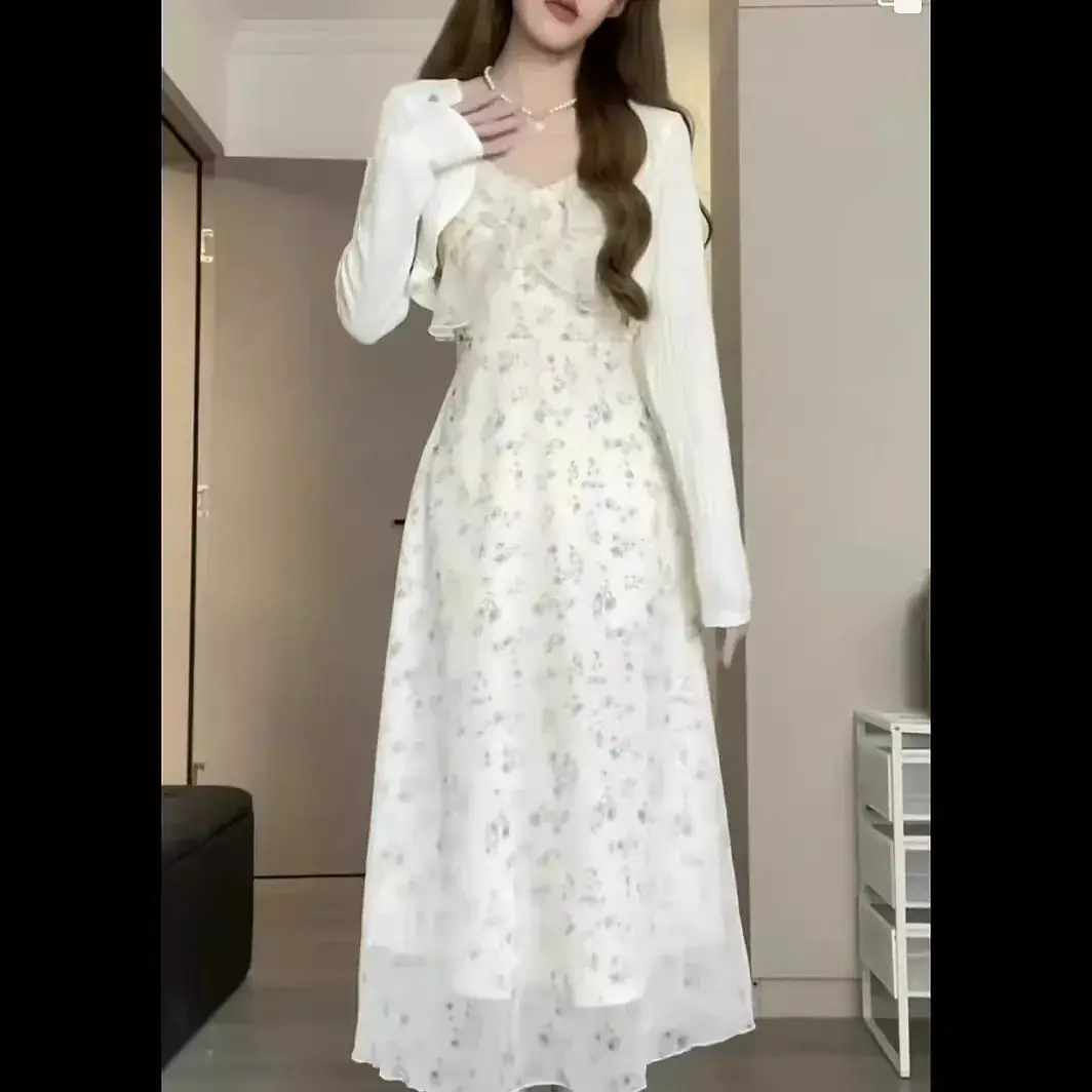 Gentle Floral Halter Dress White French Retro Slim Fit - Image 5