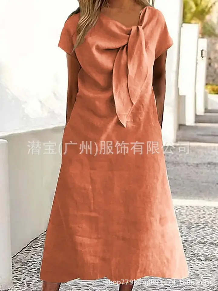 Women's V-Neck Long Dress Orange Cotton 2025 — feature 8