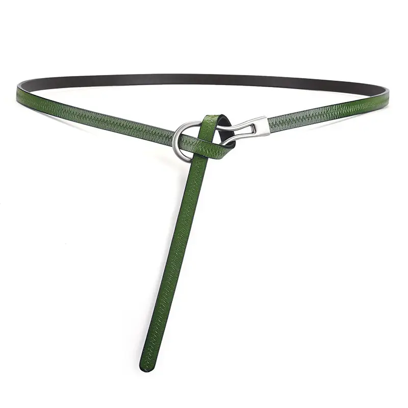 Women's Green Embossed Leather Belt with Ring - Image 11