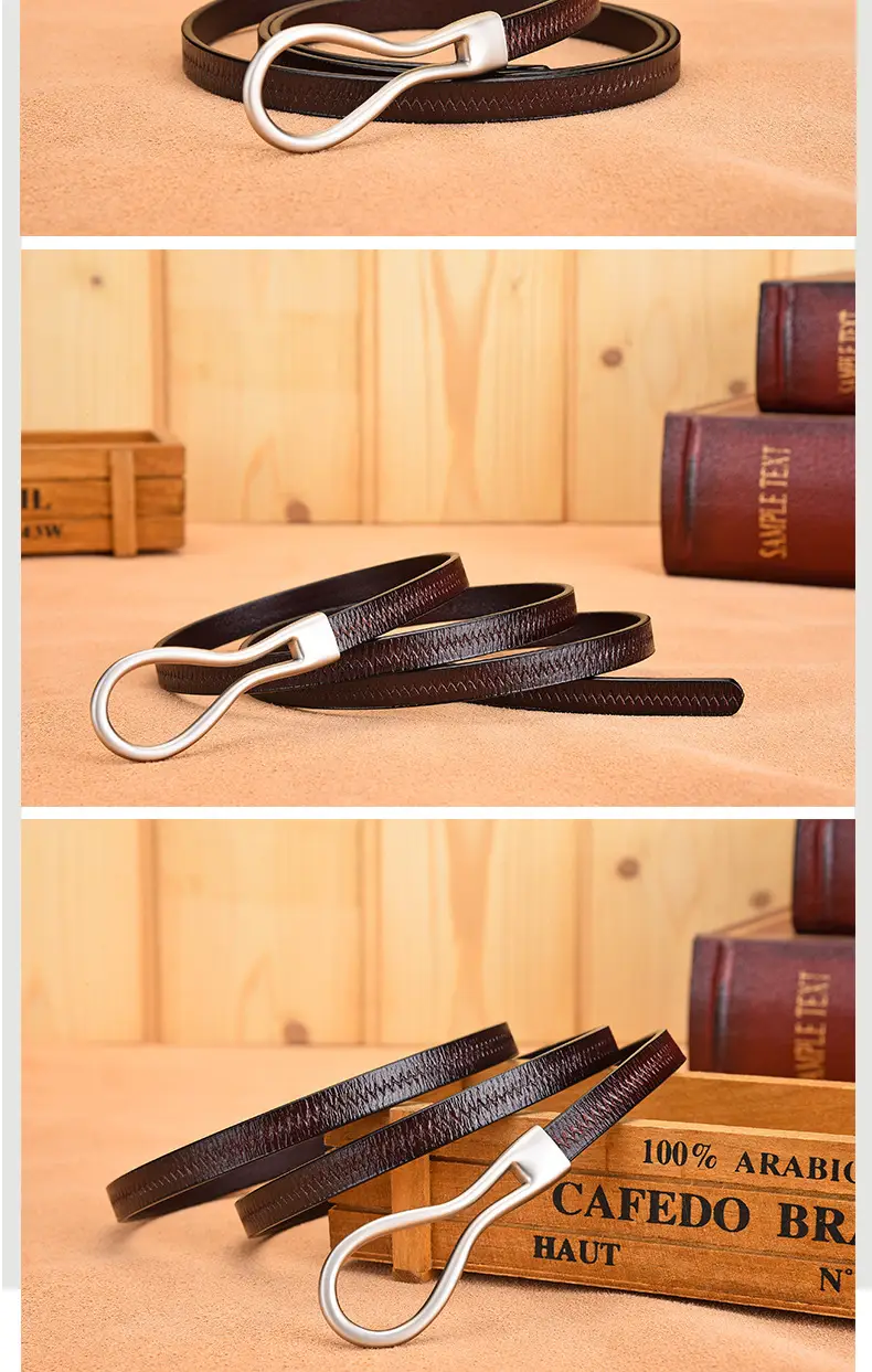 Women's Green Embossed Leather Belt with Ring β feature 16