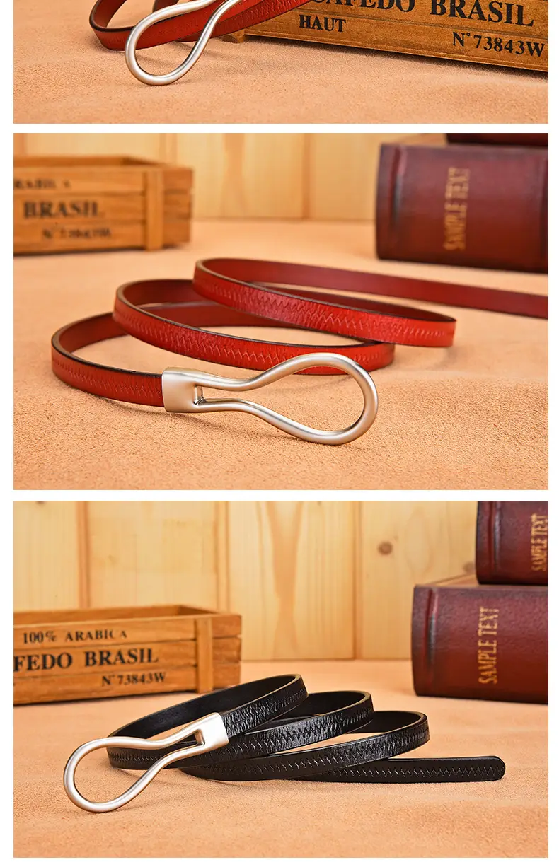 Women's Green Embossed Leather Belt with Ring β feature 18