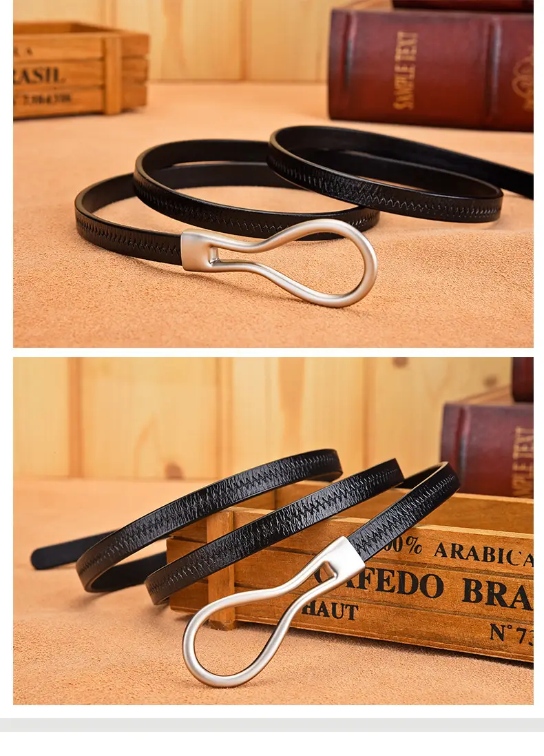Women's Green Embossed Leather Belt with Ring β feature 19