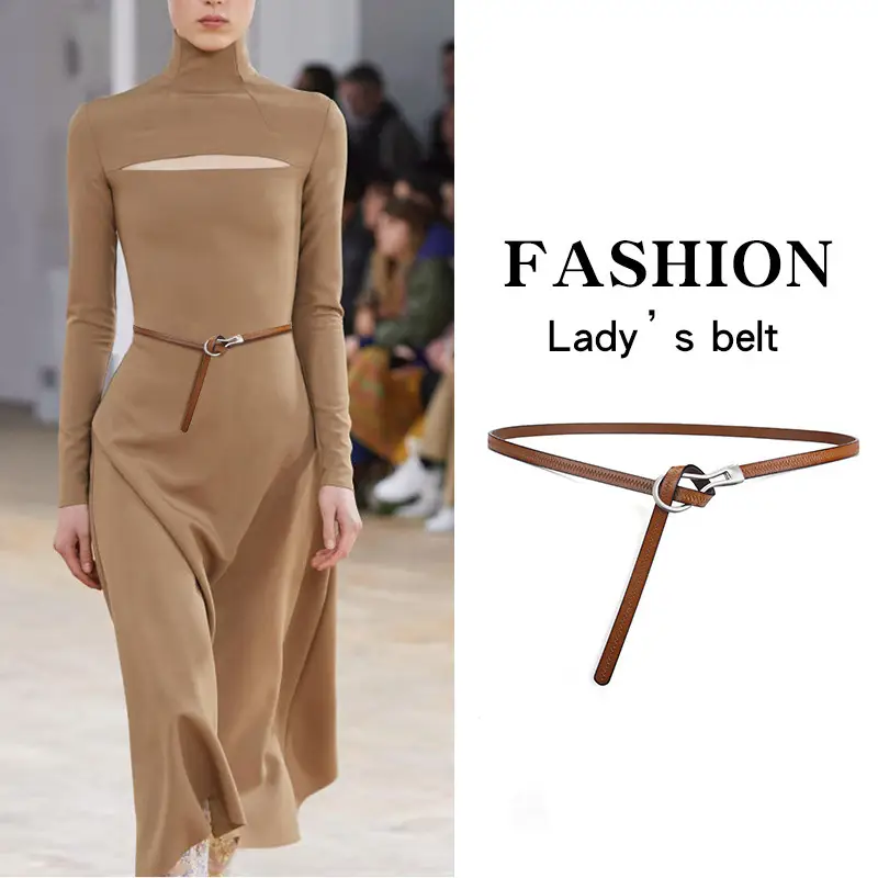 Women's Green Embossed Leather Belt with Ring β feature 2