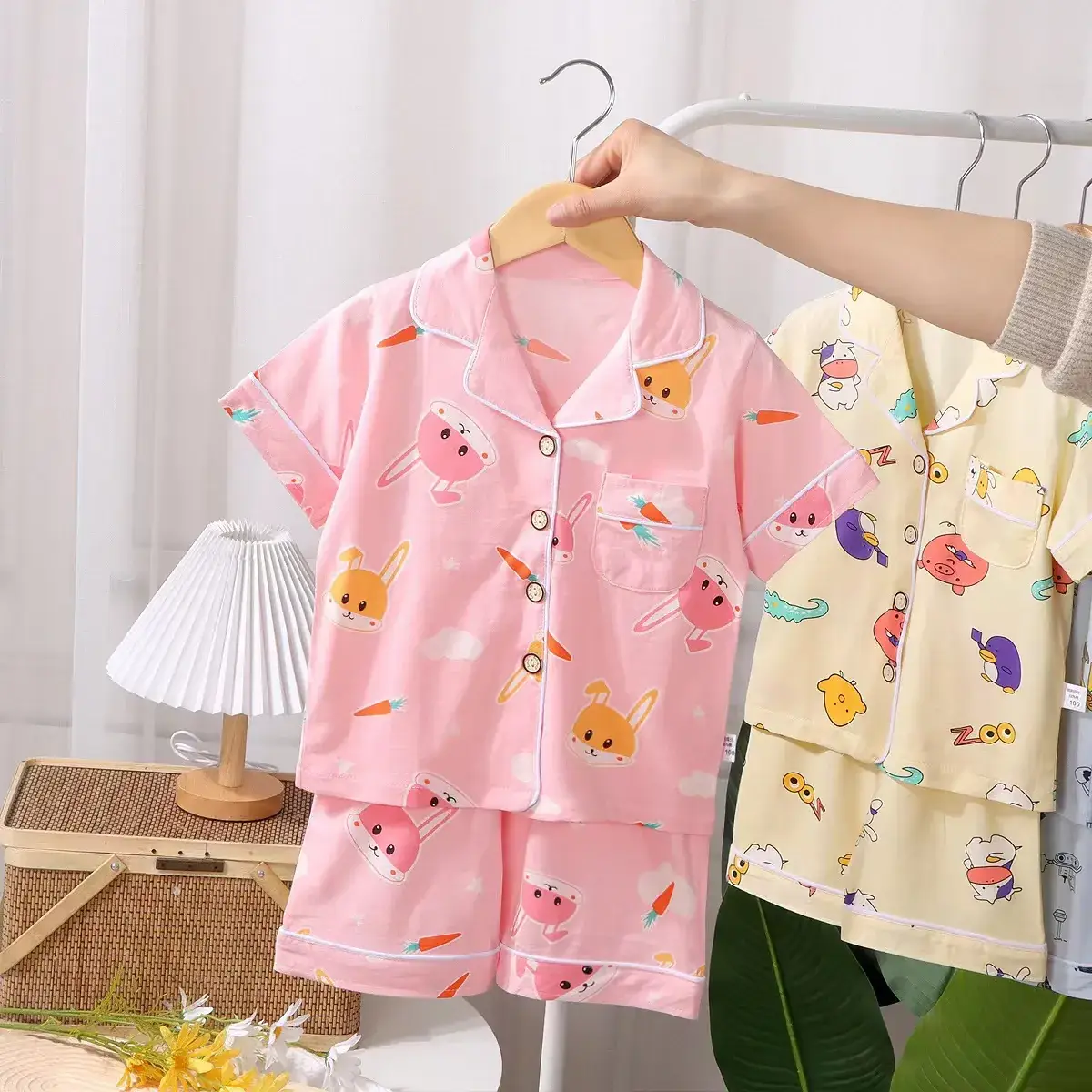 2024 Cotton Kids Pajamas Two-Piece Set Pink & Yellow Medium Large - Image 3