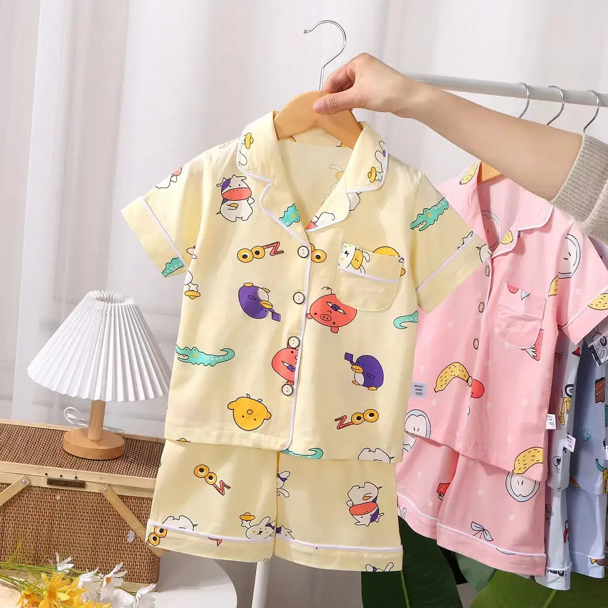 2024 Cotton Kids Pajamas Two-Piece Set Pink & Yellow Medium Large - Image 4