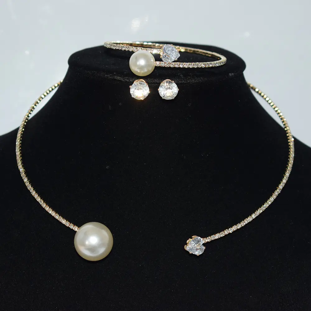 Three Piece Pearl Diamond Necklace Set Gold Plated - Image 17