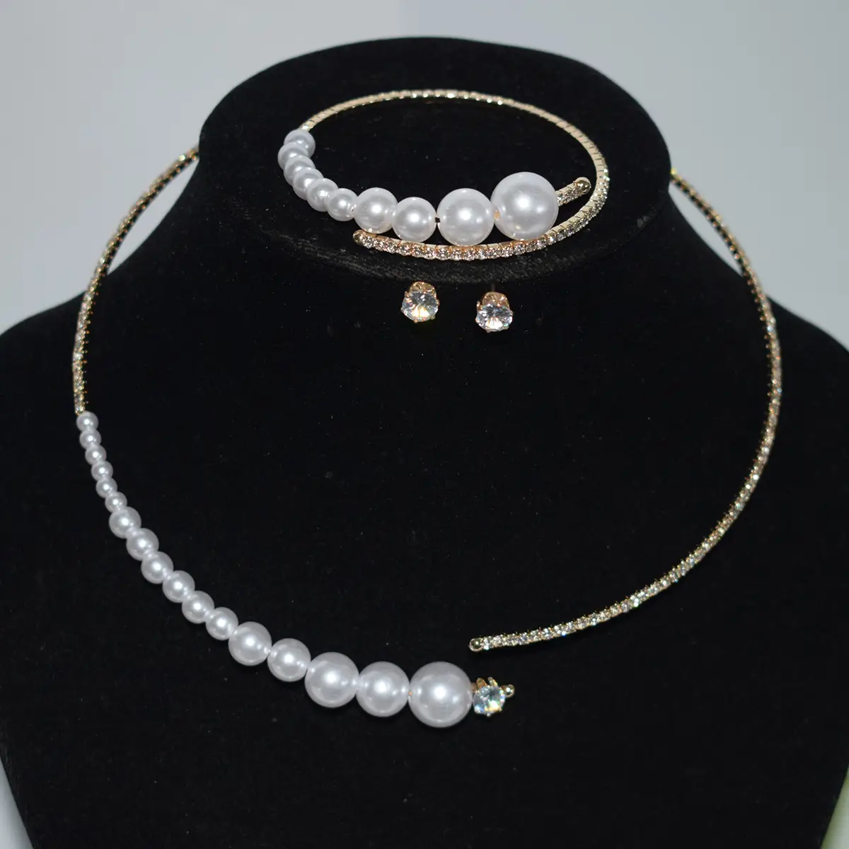 Three Piece Pearl Diamond Necklace Set Gold Plated - Image 16