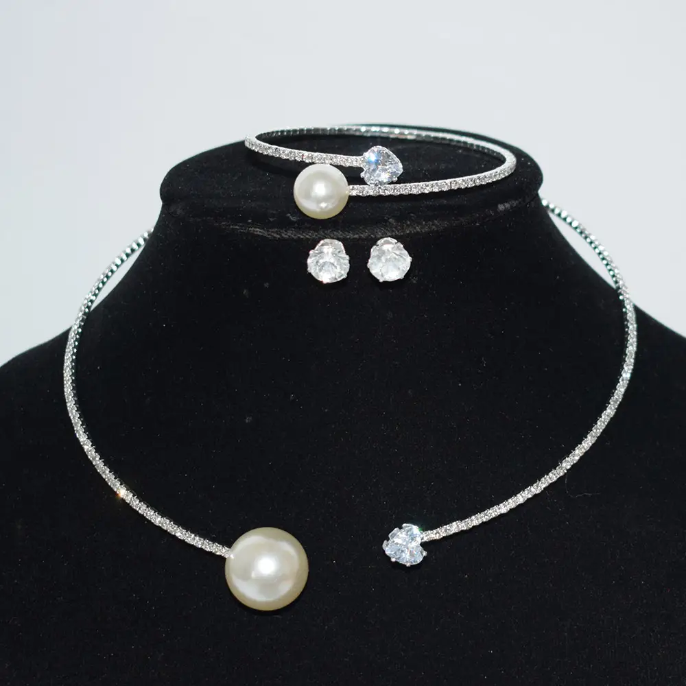 Three Piece Pearl Diamond Necklace Set Gold Plated - Image 3