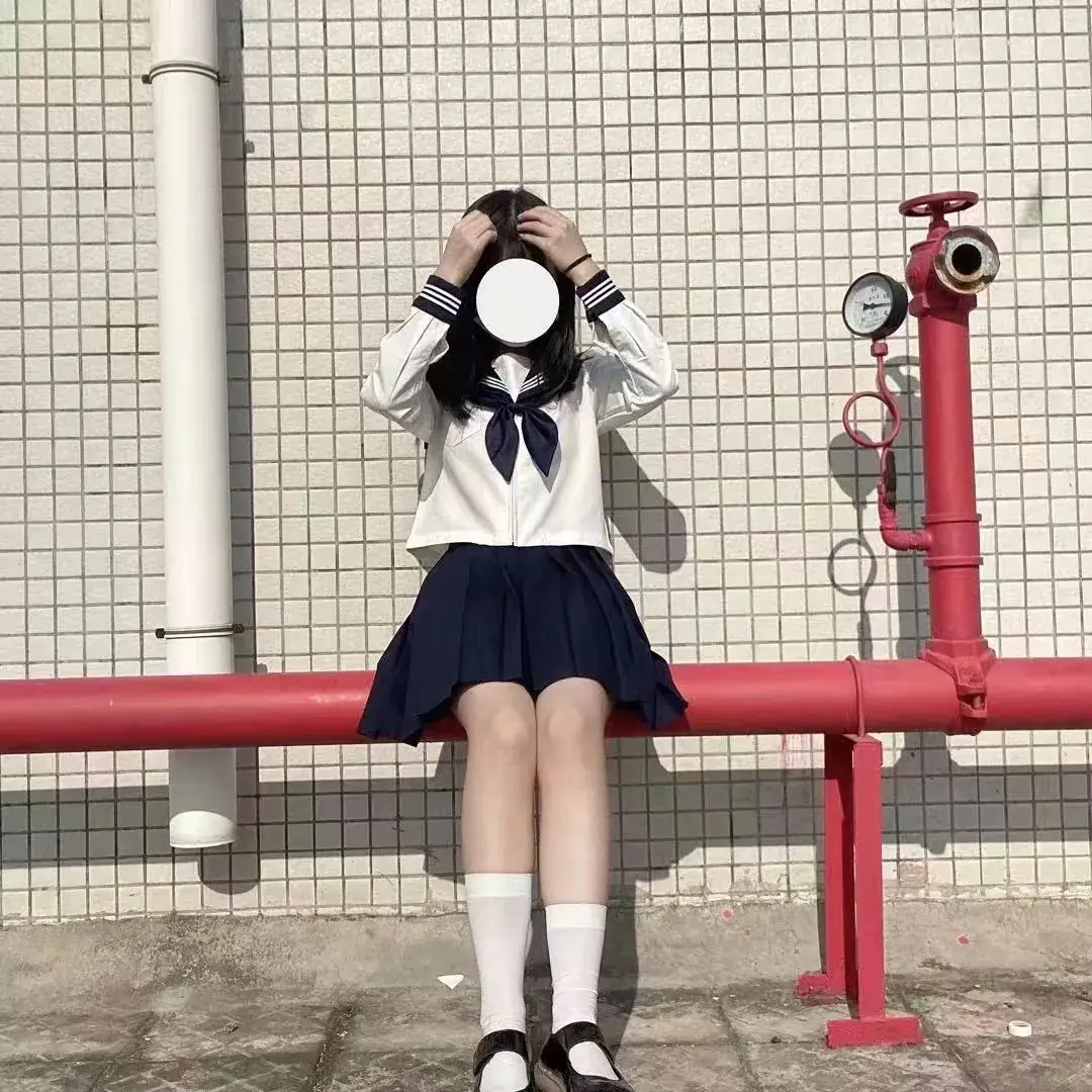Japanese College Sailor Suit Navy Blue Skirt White Top - Image 2