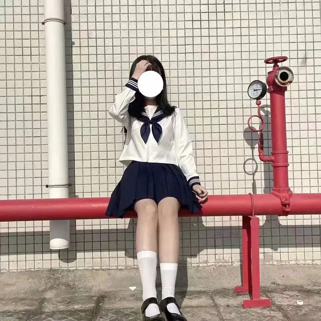 Japanese College Sailor Suit Navy Blue Skirt White Top - Image 3