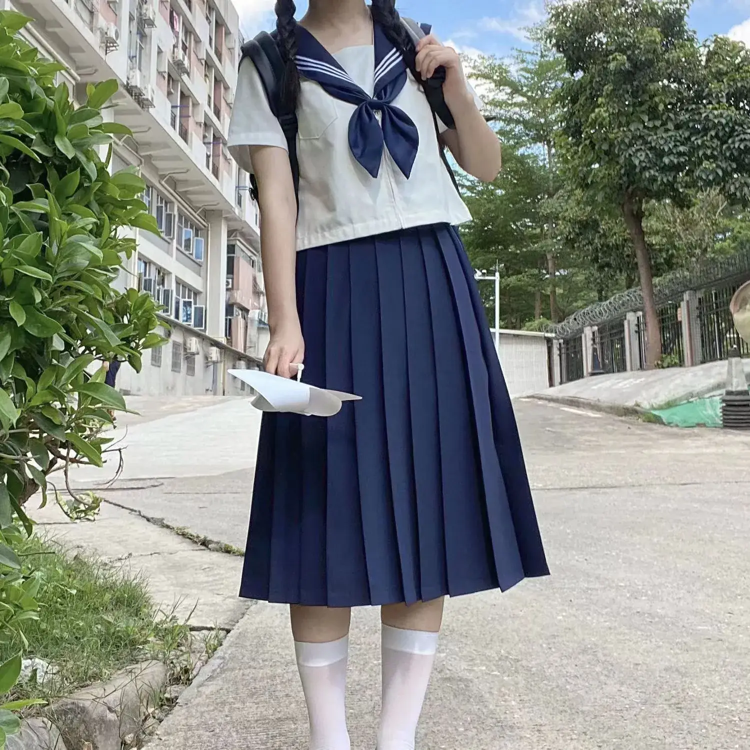 Japanese College Sailor Suit Navy Blue Skirt White Top — feature 1