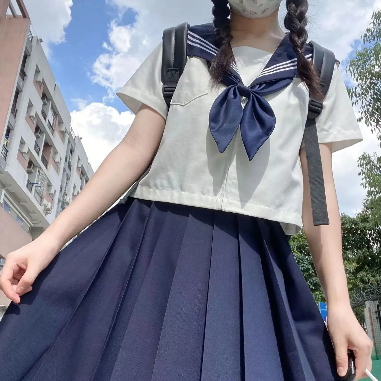 Japanese College Sailor Suit Navy Blue Skirt White Top — feature 2